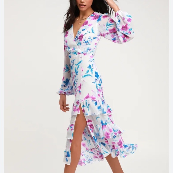 NWT Lulu’s Sweet Sunday Floral Print Long Sleeve Midi Dress Medium - Picture 3 of 14